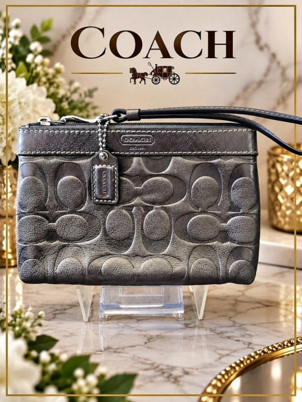 COACH Signature C Embossed Leather Wristlet Metallic Gunmetal Purple Interior